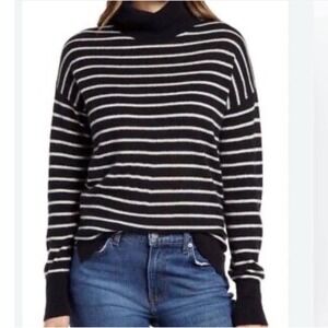 Nordstrom Black White Stripe 100% Cashmere Turtleneck Sweater Luxury Size Medium